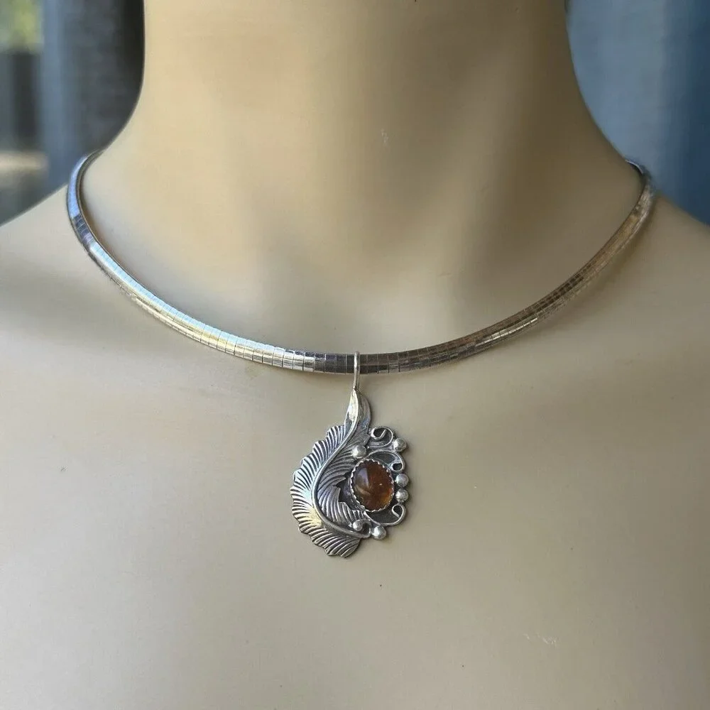 VTG Artisan John W Kessler Pendant Necklace 16 Inch Amber Gem 925 Sterling 23.6g